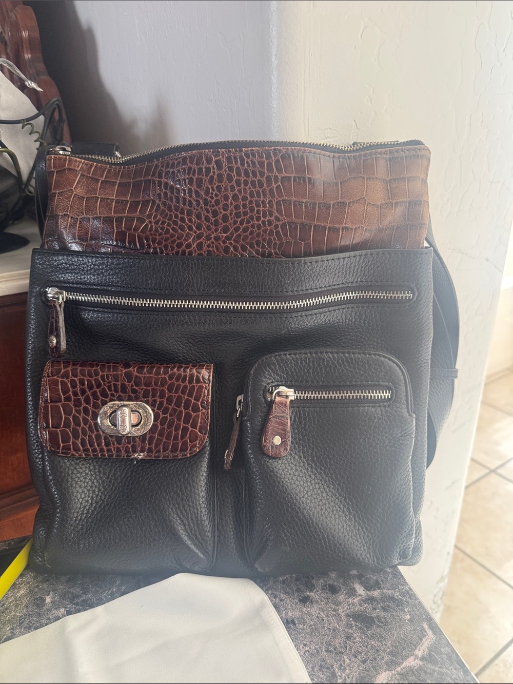 Brighton Black Leather Messenger Bag with Brown Croc Accents